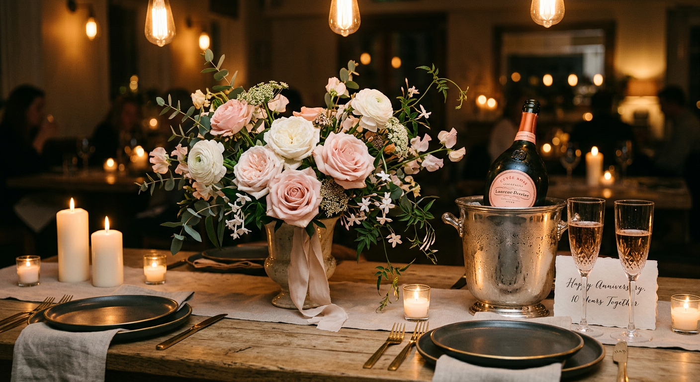 An elegant bouquet of blush roses and a bottle of sparkling wine on a dinner table