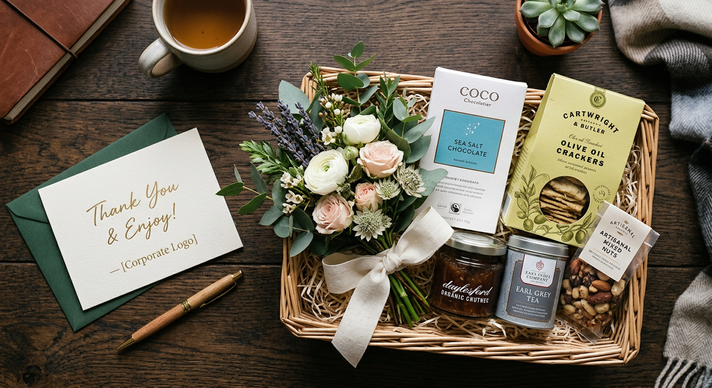 A corporate gift hamper with a small flower posy, gourmet snacks and a notecard