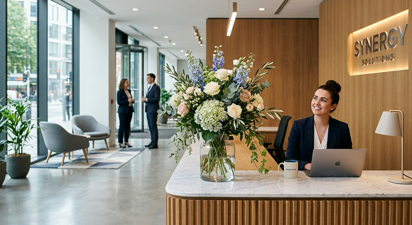 A modern office reception desk styled with a large elegant flower arrangement