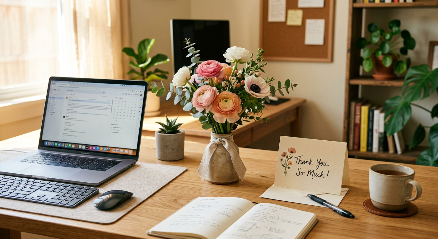 A small bouquet of flowers placed on a tidy office desk next to a laptop and a thank-you card