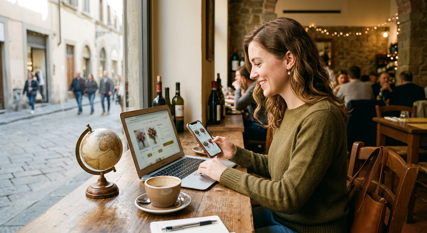 Someone using a laptop at a cafe table abroad, ordering flowers online