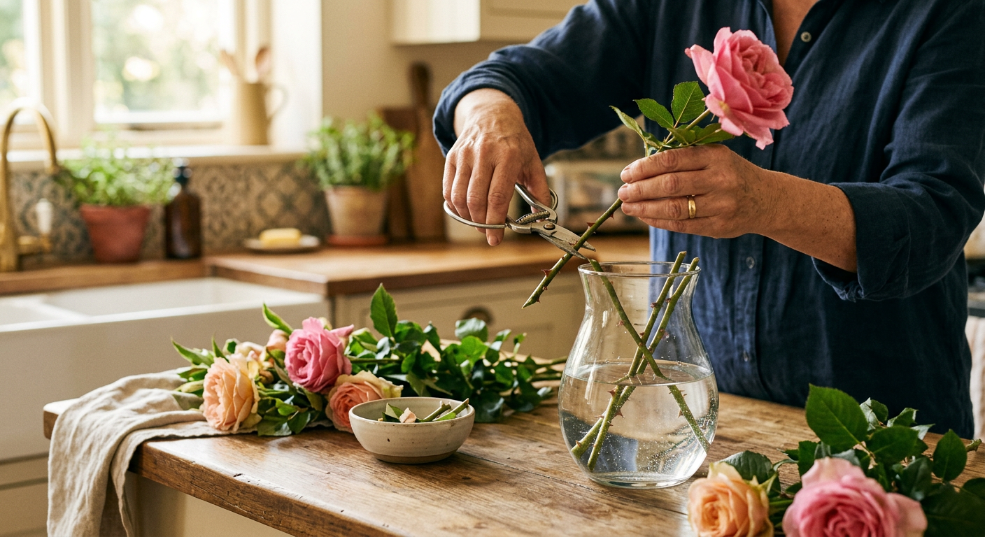 Hands trimming rose stems over a glass vase of water
