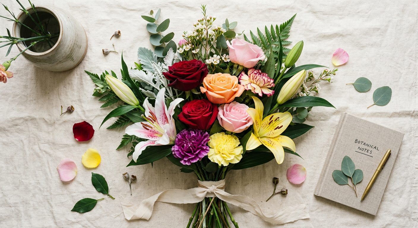 A mixed bouquet of roses, lilies and carnations arranged on a cream background