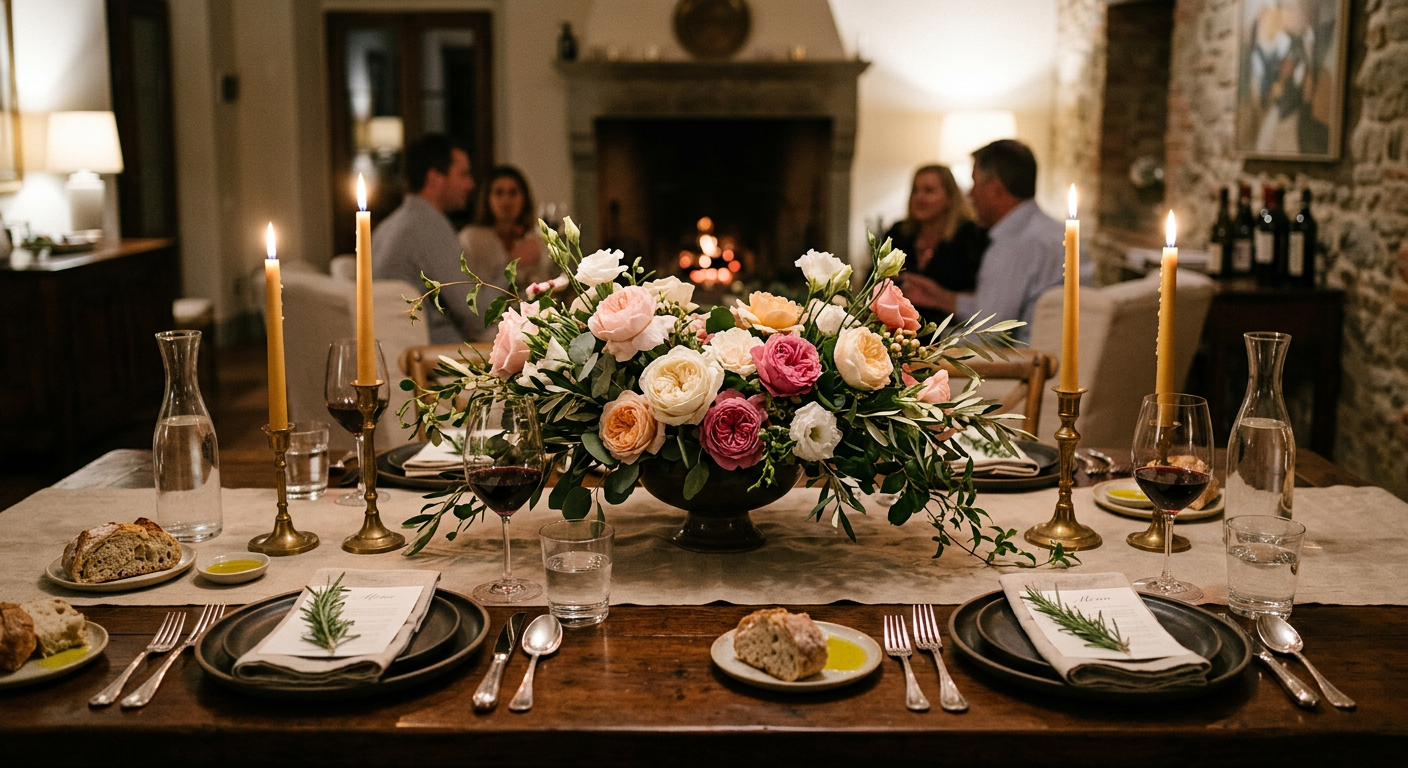 A dinner table set with a low floral centrepiece of garden roses and greenery