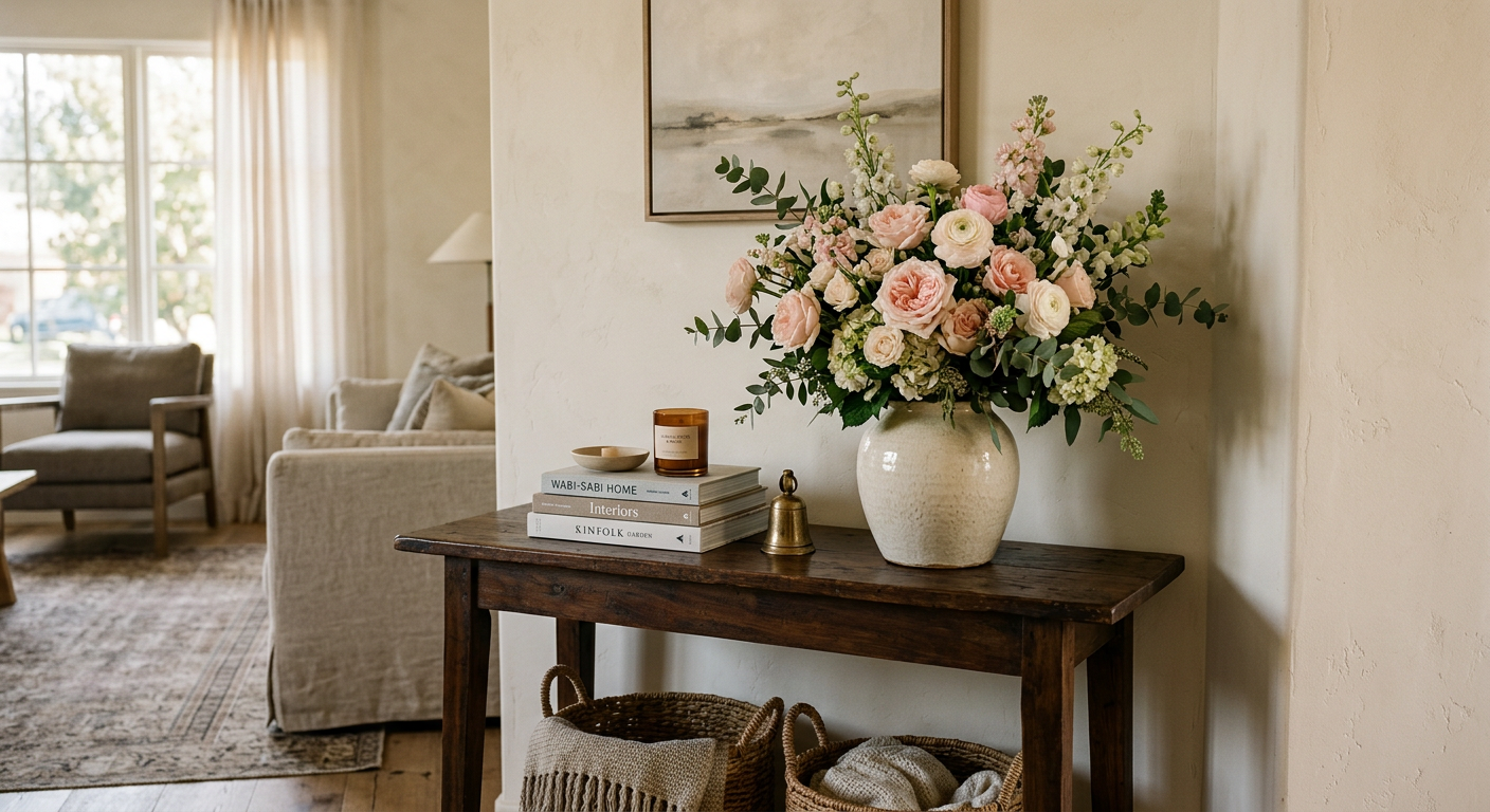 A living room console table styled with a vase of blush and white flowers