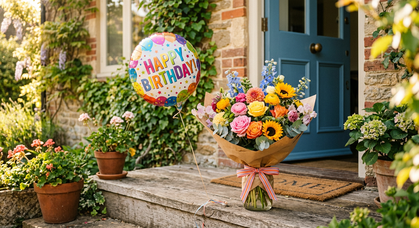 A bright birthday bouquet of mixed colourful flowers with a balloon on a doorstep