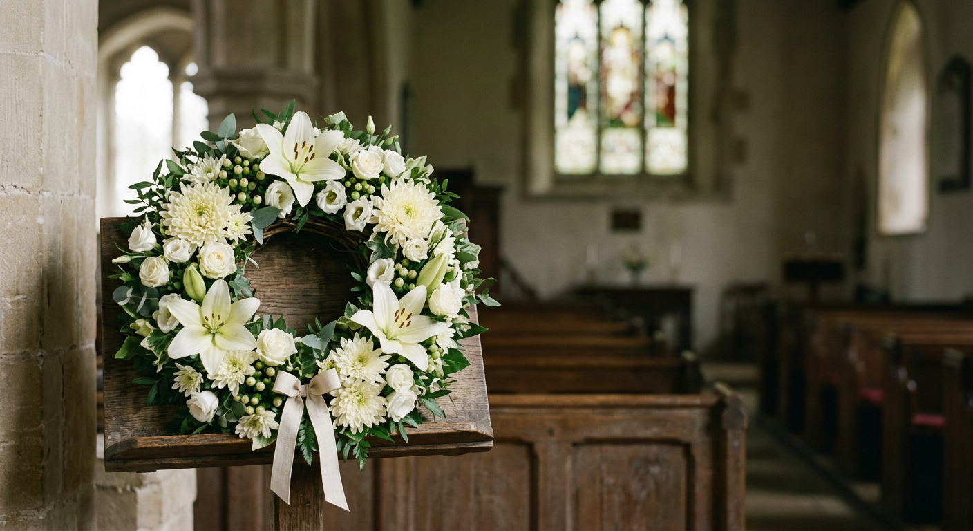 A simple white and ivory funeral wreath of lilies and chrysanthemums