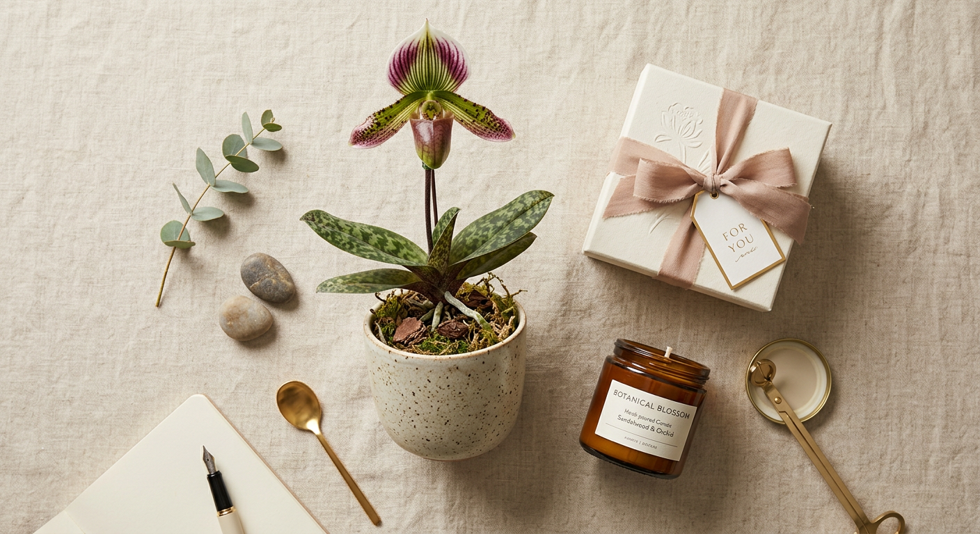 A potted orchid plant next to a small artisanal gift box and candle
