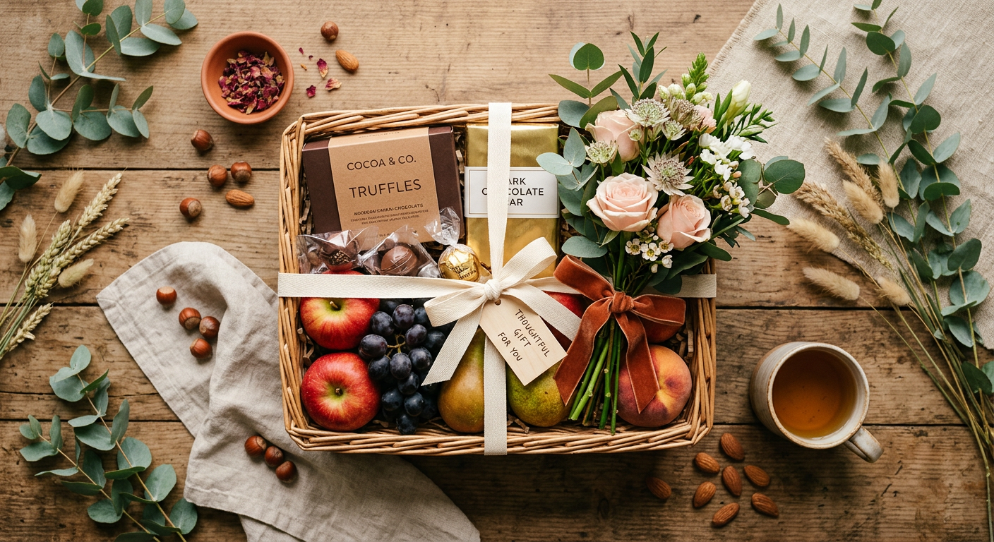 A thoughtful gift hamper with fruit, chocolates and a small bouquet of flowers