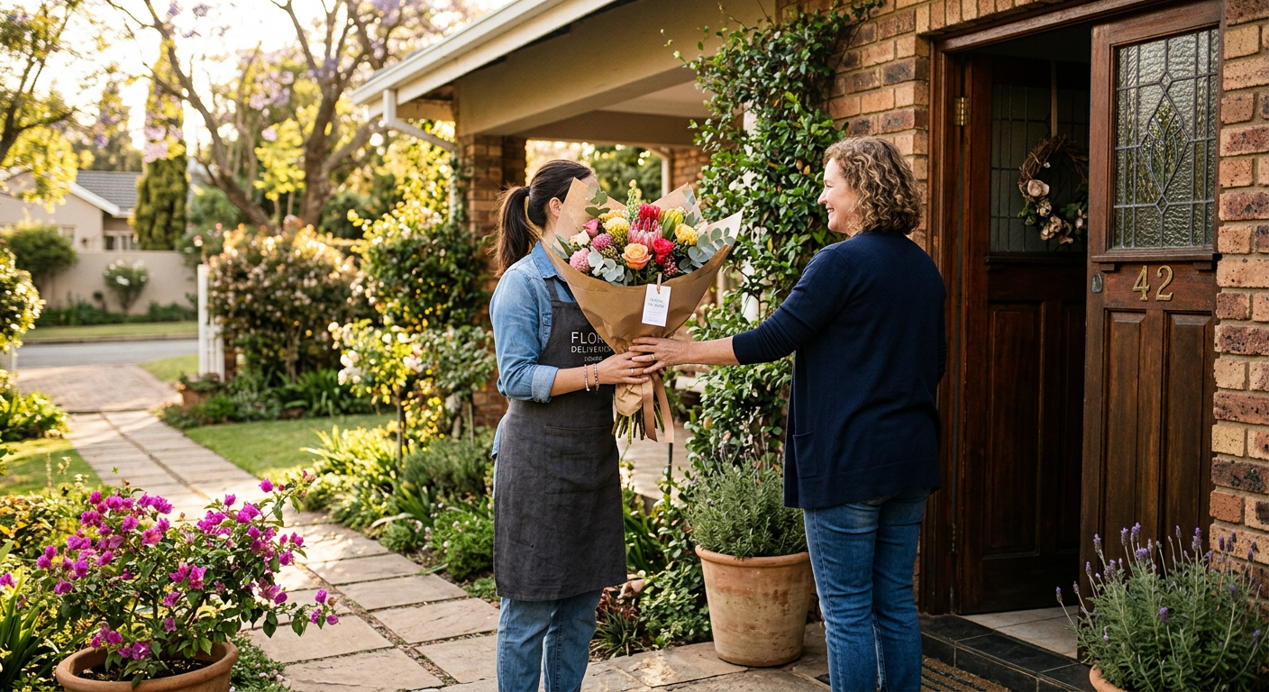 A florist delivery courier handing a wrapped bouquet of flowers at a front door