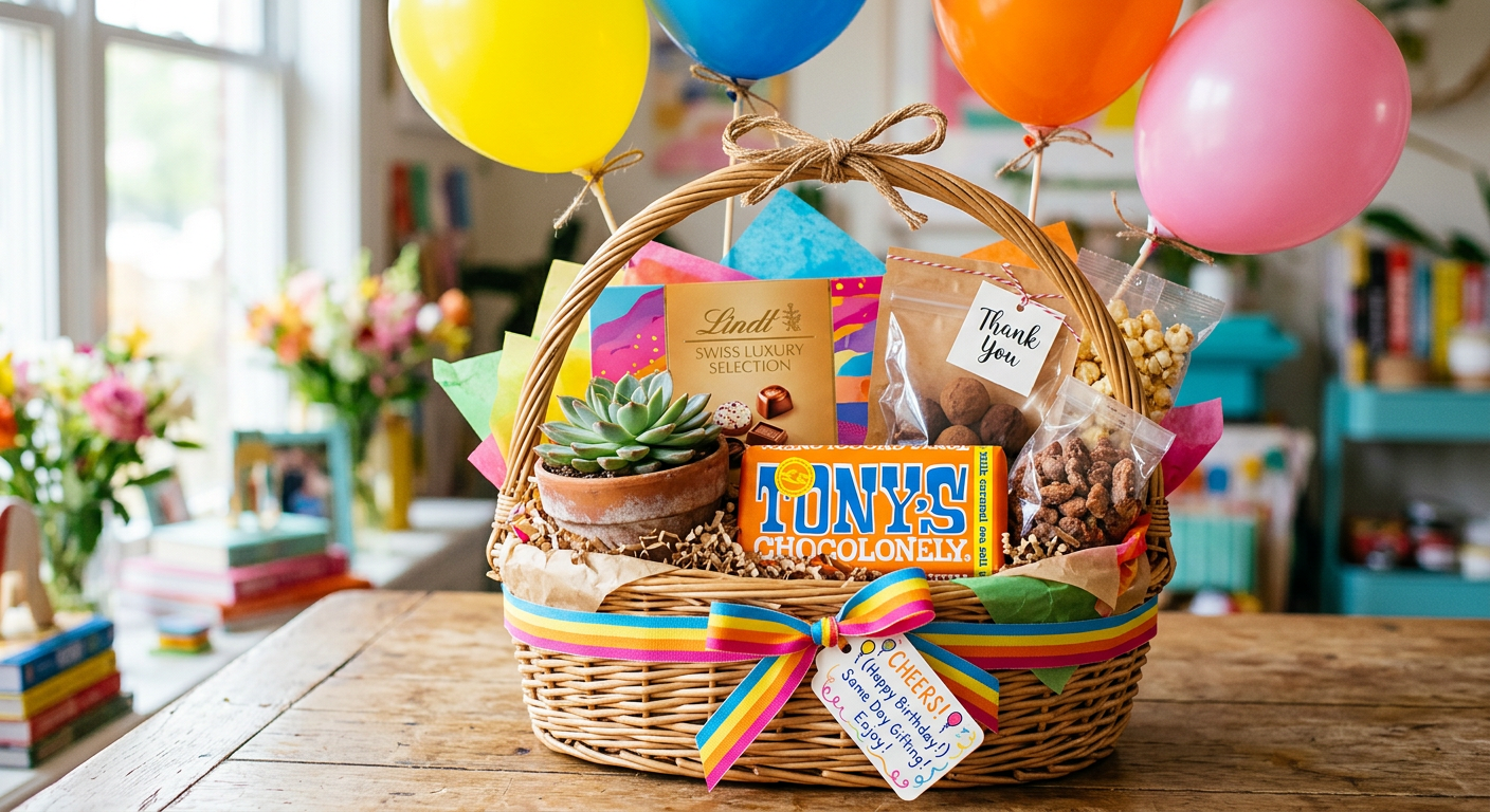 A colourful ready-to-go gift basket with chocolates, a small plant and balloons