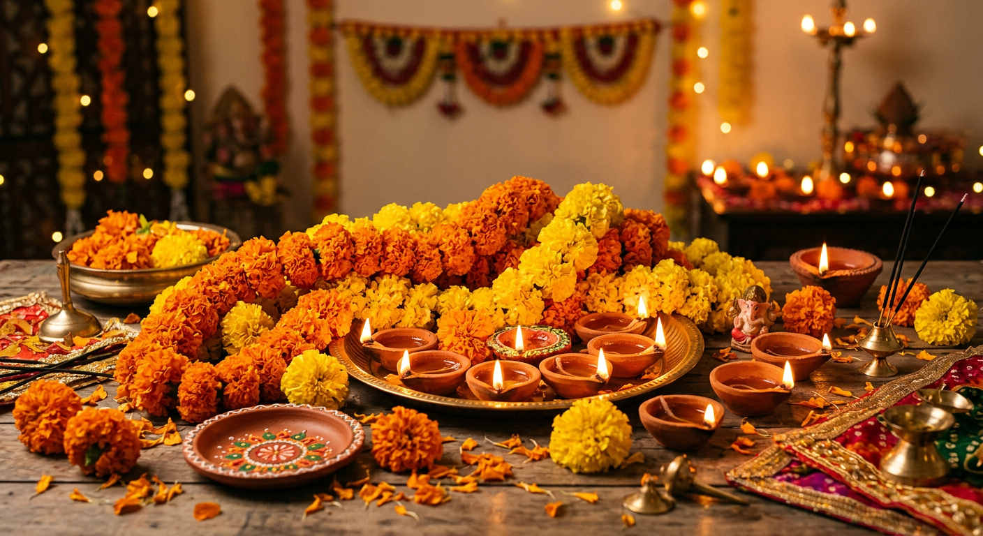 Fresh orange and yellow marigold garlands arranged for a Diwali celebration