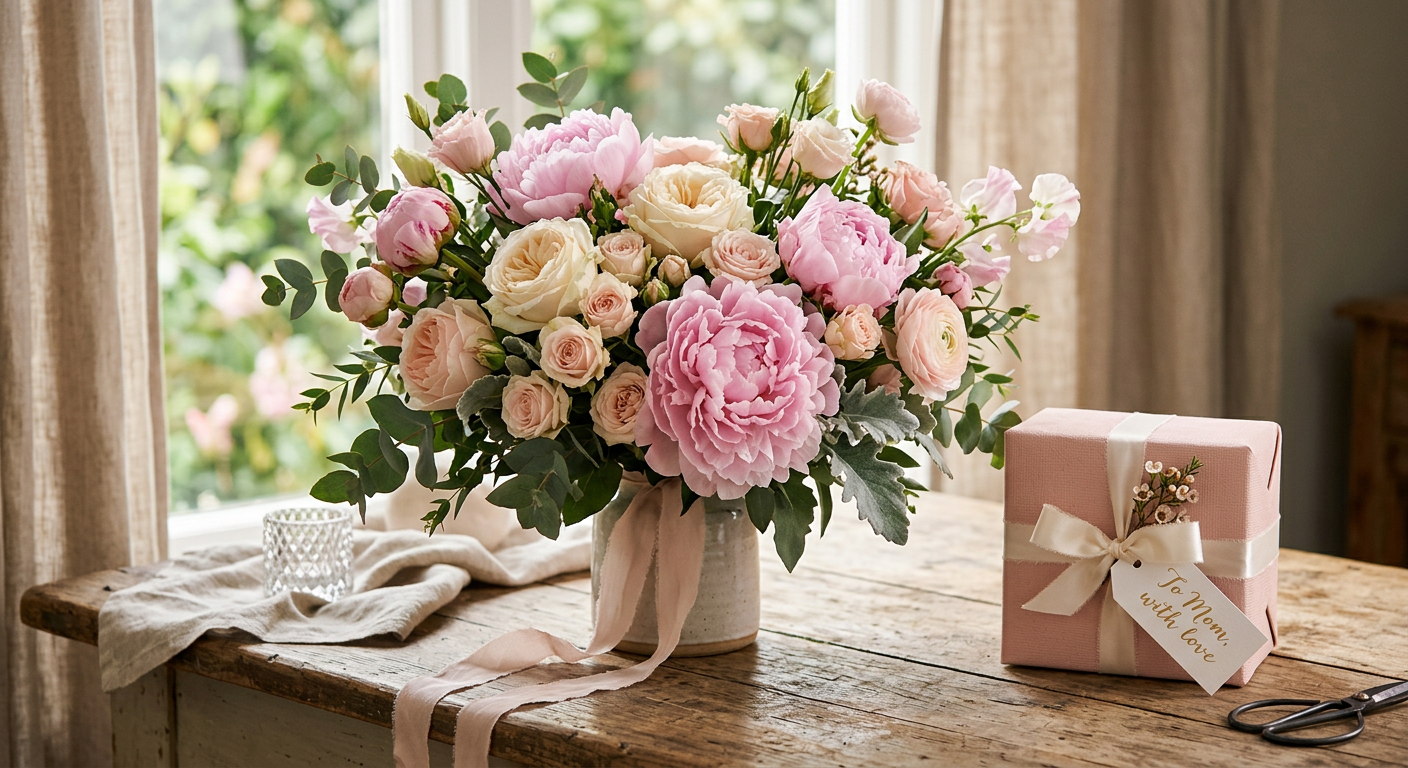 A soft pastel pink and white bouquet with peonies and roses, styled with a small gift box