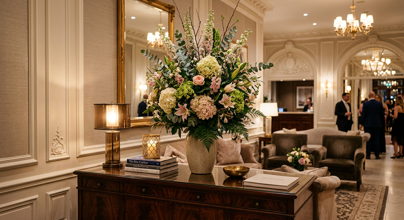 A hotel lobby console table with a tall, lush flower arrangement