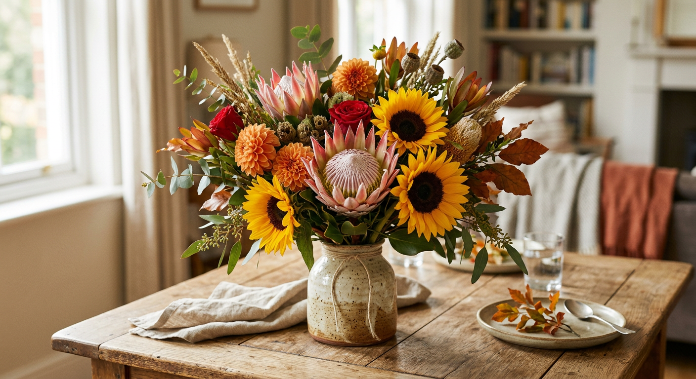 A seasonal bouquet featuring South African proteas and sunflowers in warm light