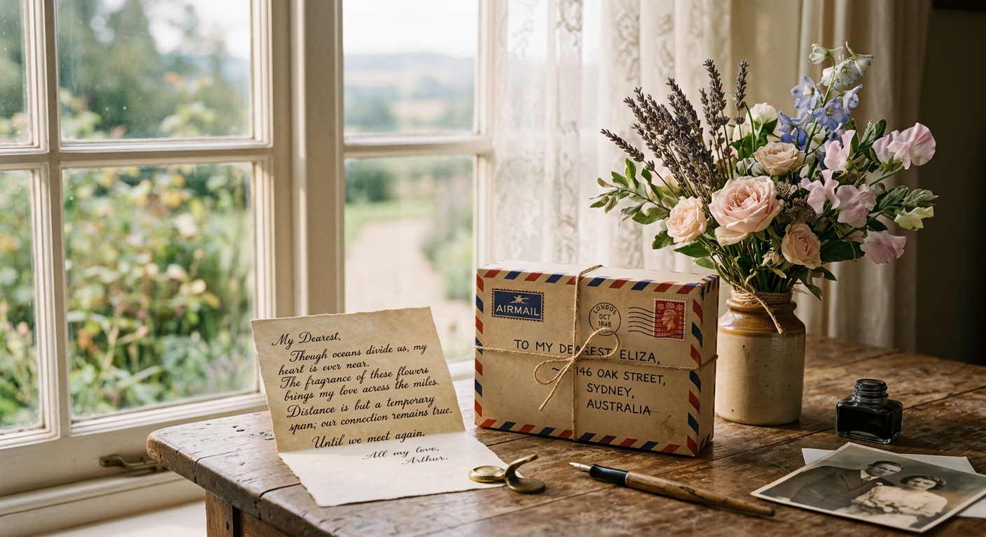 An airmail-style gift box with flowers and a handwritten note