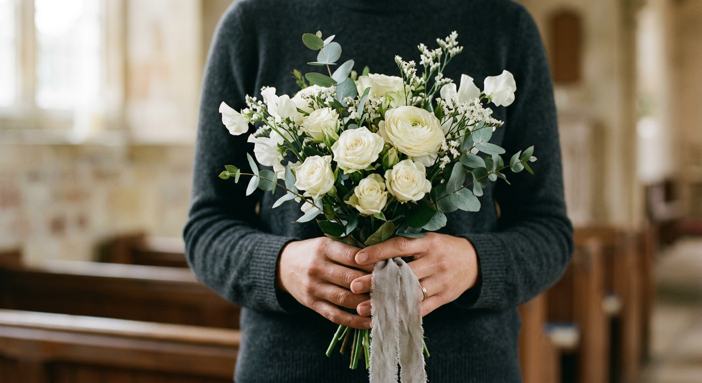 A soft pastel sympathy flower posy of white roses and eucalyptus