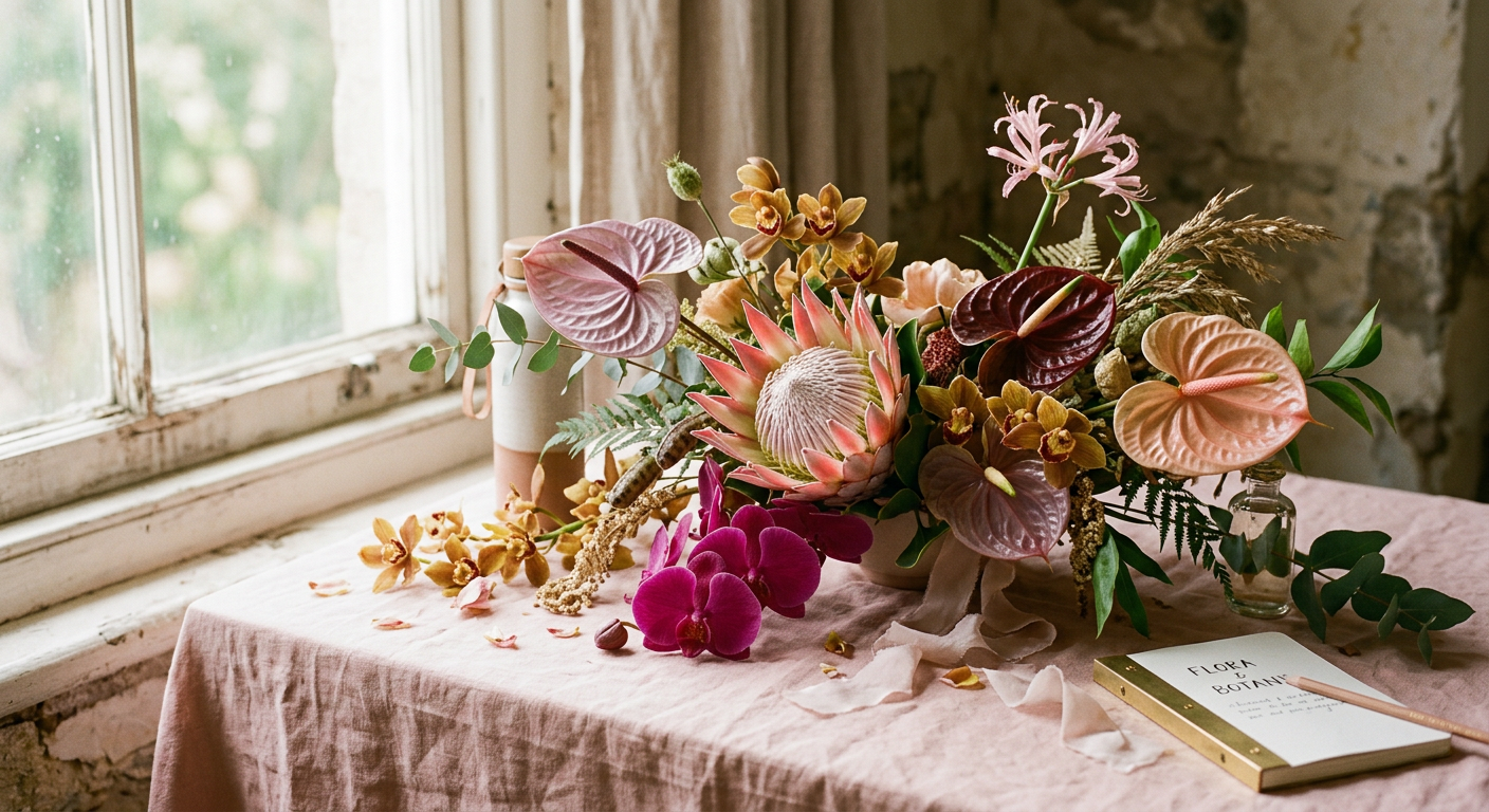 Unusual flower varieties including proteas and anthuriums arranged on a blush surface