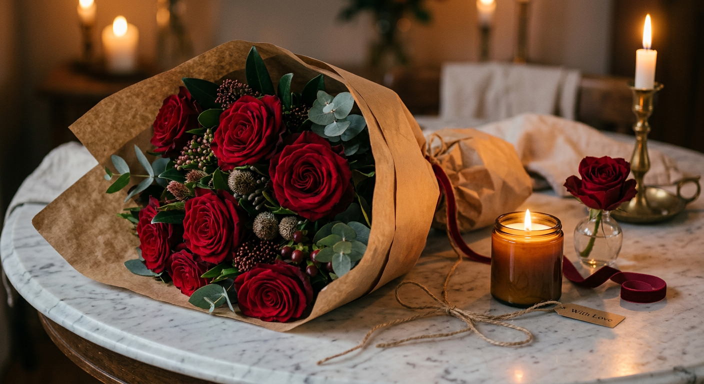 A romantic bouquet of deep red roses in kraft paper wrap on a marble table