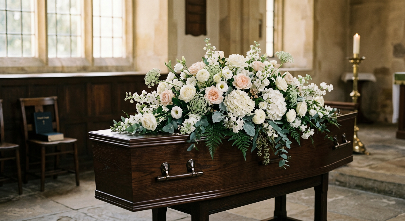 A tasteful coffin spray of white and blush flowers in a softly lit memorial hall