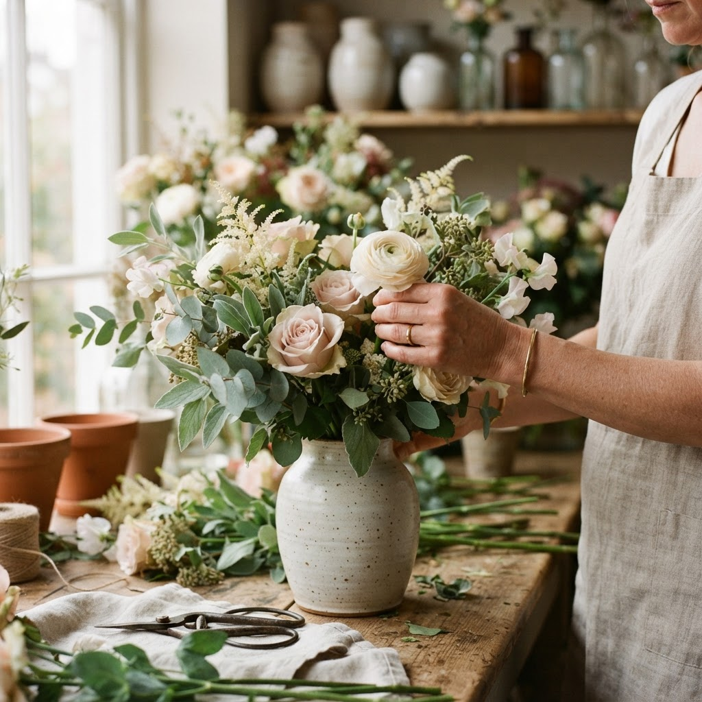 Hands tying a fresh bouquet in the Cosmos Creations studio